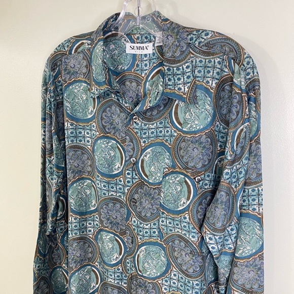 100% SILK SUMMA PURE SILK MENS BUTTON UP SHIRT IN AN ORNATE PATTERN LARGE - Picture 5 of 14